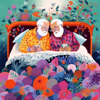 woman man husband together illustration female grandmother retirement love old male asleep retired sleep concept grandparent bed couple sleeping married rest happy. Generative AI.