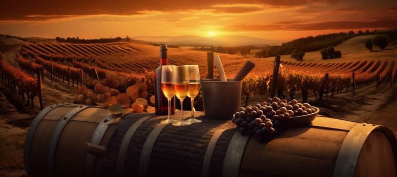 romance winery life leaf wine glass alcohol beverage grapevine fruit tasty drink grape white barrel bottle agriculture vineyard sunset rustic. Generative AI.