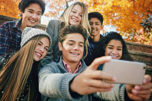 Selfie, smile or friends in park for social media, online post or profile picture together in autumn or nature. Girls, gen z boys or happy people taking photograph for a fun holiday vacation to relax.
