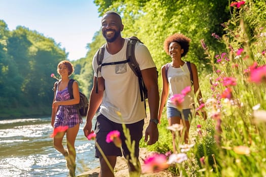 In the summer, an African-American family travels with backpacks on foot along the river