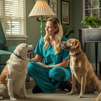 A happy female veterinarian examines the dogs in the room