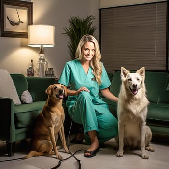 A happy female veterinarian examines the dogs in the room