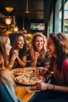 Happy female friends eating pizza at a cafe and having fun