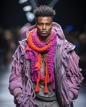 A stylish African-American man on the runway showing off his fashionable clothes