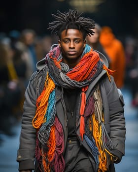 A stylish African-American man on the runway showing off his fashionable clothes