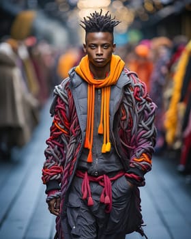 A stylish African-American man on the runway showing off his fashionable clothes