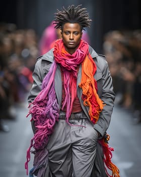 A stylish African-American man on the runway showing off his fashionable clothes