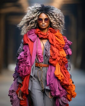 A stylish African-American woman on the runway shows off her fashionable clothes