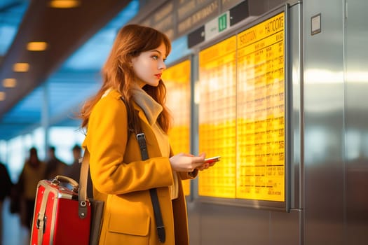 A woman with luggage looks at the airplane schedule board at the airport