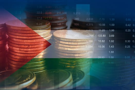 Palestine flag with stock market finance, economy trend graph digital technology.
