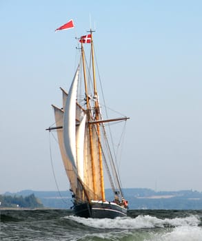 Aron,built in 1906,home port Svendborg,schooner,33.10 m long,5.65 m wide,draught 2.65m,sail area 320sqm,hull wood, •Built in 1906 at the Bager shipyard in Marstal,transported cargoes across the Baltic Sea and in coastal waters  •1947 major renovations