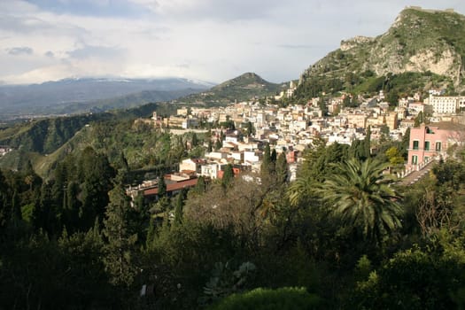 View of Taormina,Mount Etna in the background