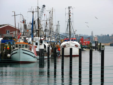 The fishing port in Kappeln,in the foreground are the guest berths for pleasure boats. The berths are located right next to the new bascule bridge and here you are in the middle of the city. However,there is still nothing going on,the water sports enthusiasts are still lying on