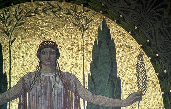One of the four mosaic paintings on the Munich Angel of Peace on the theme "Blessing of Culture"" - standing for prosperity through peace after the war"