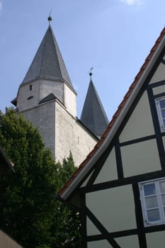 View of the towers of the imperial cathedral in Königslutter am Elm (Lower Saxony)