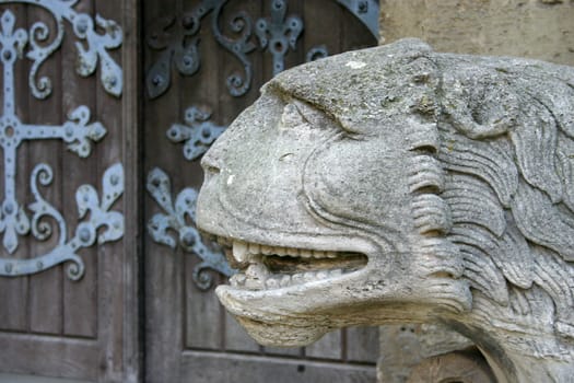 Statue at the main entrance of the imperial cathedral in Königslutter am Elm (Lower Saxony)