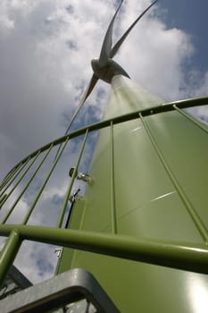 View up to a wind turbine