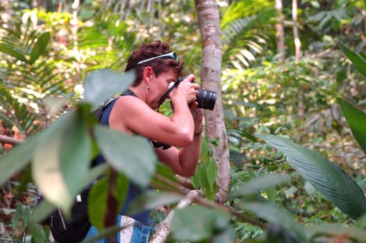 Young woman looking for photo opportunities in tropical rainforest Brazil