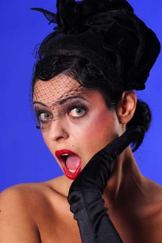 Portrait photo in the style of the 20s dressed woman,who is apparently very frightened.