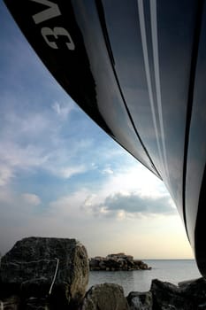 The picture was taken under a yacht standing dry in the harbor.