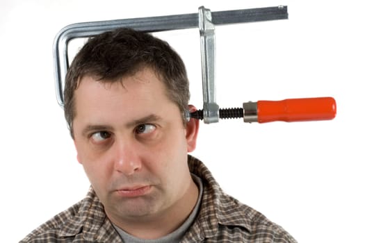 Man whose head is fixed with a screw clamp