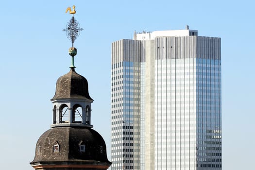 Church spire and bench