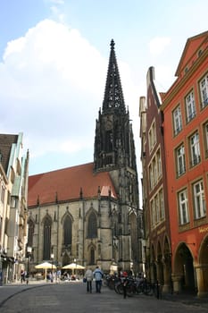 View of the Lamberti Church in the city center of Münster (Westphalia)