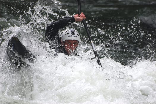 Slalom skier in the Goumois roller,he gets really wet....