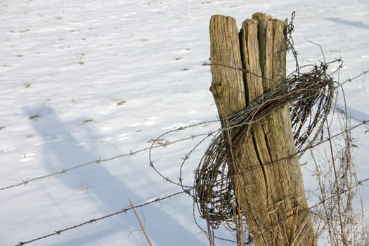 Fence post with barbed wire roll