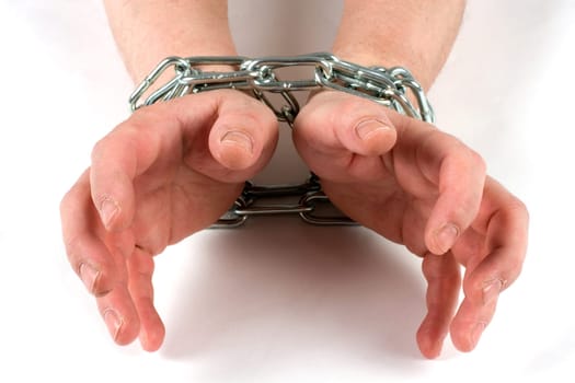 Hands tied by a chain,hands are open space to copy something into it