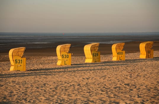 Lonely beach chairs at the North Sea in May 2006