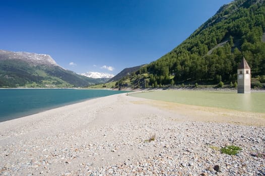 Sunken church on the Resia reservoir