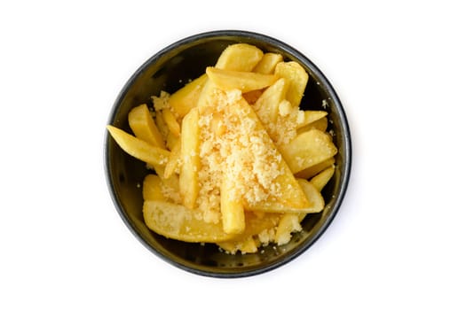 Top view Potato fries on black plate isolated on white background. High quality photo