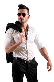 Elegant attractive young man with white shirt, standing isolated on white background, looking away