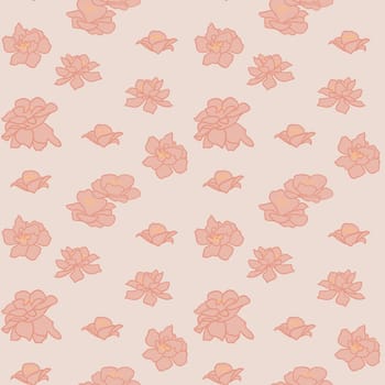 Hand drawn seamless pattern with neutral beige orange blush shabby chic flower floral elements on tan background. Ditsy summer spring botanical nature print, bloom blossom petals. Gender neutral