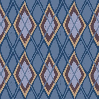 Hand drawn seamless pattern in argyle traditional classic style. Blue brown beige texture sketch lozenge, graphic preppy diamond print, textile abstract geometric diagonal art fabric