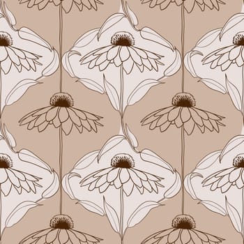 Hand drawn seamless pattern in beige brown echinacea diamond background. Elegant garden bohemian wildflowers, blossom decoration, squares geometric victorian print, flowers leaves art