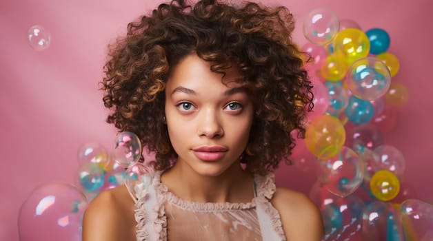 Young Pretty Hispanic, Latino Girl with Smiling Face Expression in Beautiful Dress and Flying Around Soap Bubble, Balls on Pink Background. Birthday Woman Of Generation Z. AI Generated.