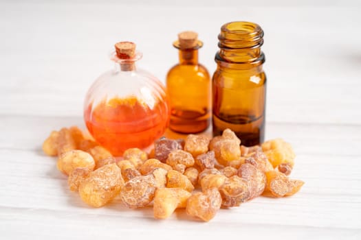 Frankincense or olibanum aromatic resin isolated on white background used in incense and perfumes.