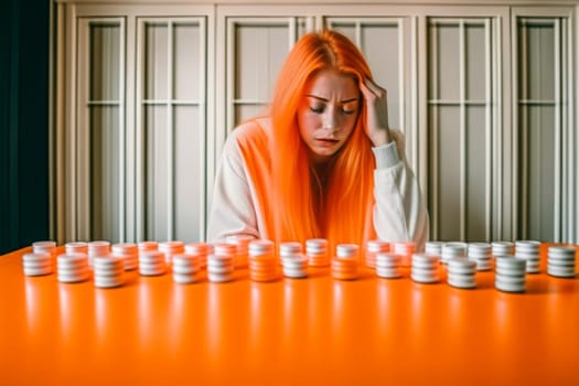 woman tired and stressed with group of multi colored medicine illustration