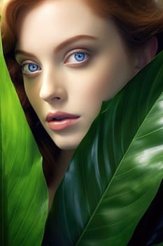 portrait of tender woman looking out of palm leaf , AI Generated