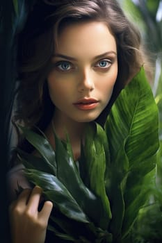 portrait of tender woman looking out of palm leaf , AI Generated