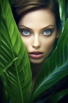 portrait of tender woman looking out of palm leaf , AI Generated