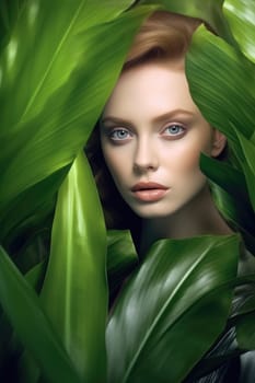 portrait of tender woman looking out of palm leaf , AI Generated