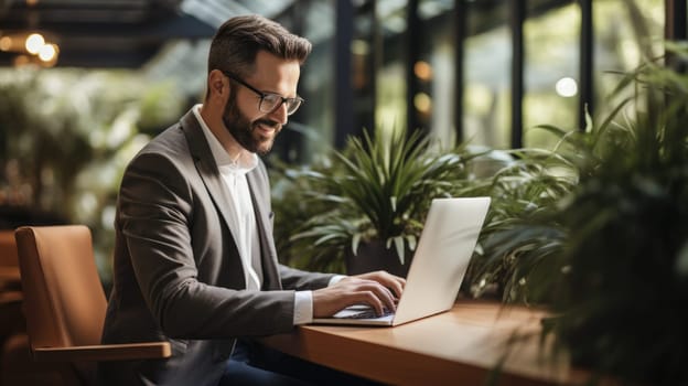 Businessman working with laptop from home sitting at table. AI Generated