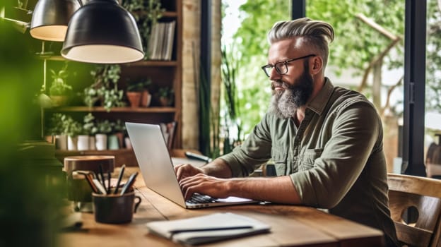 Businessman working with laptop from home sitting at table. AI Generated