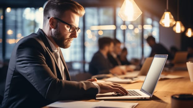 Businessman working with laptop from home sitting at table. AI Generated