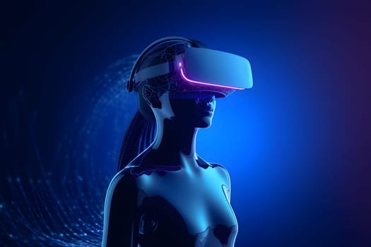 smooth gloss woman representative wearing VR goggles on dark background, neural network generated art. Digitally generated image. Not based on any actual person, scene or pattern.
