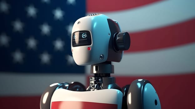 american president as a cybernetic organism on US flag background, neural network generated art. Digitally generated image. Not based on any actual person, scene or pattern.