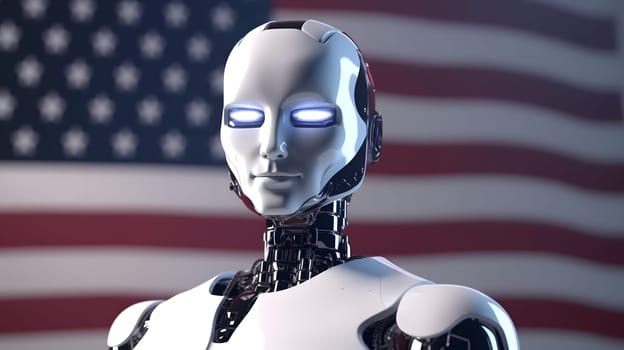 american president as a cybernetic organism on US flag background, neural network generated art. Digitally generated image. Not based on any actual person, scene or pattern.